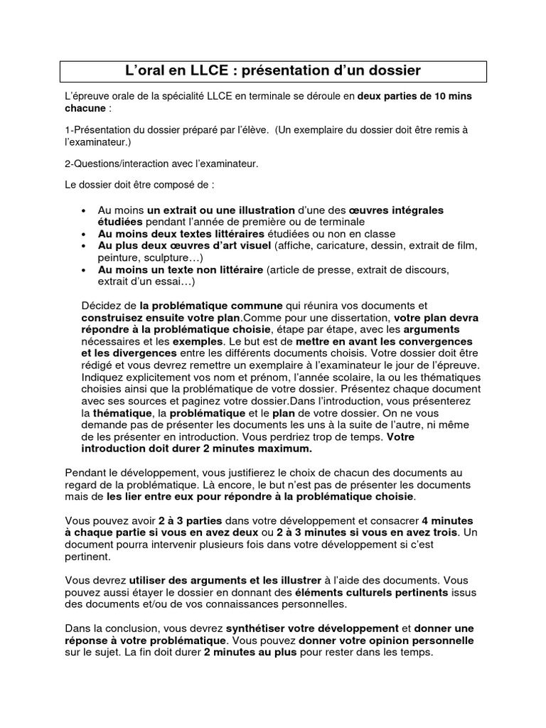 Guide de l'oral en LLCE : Dossier et Présentation | PDF