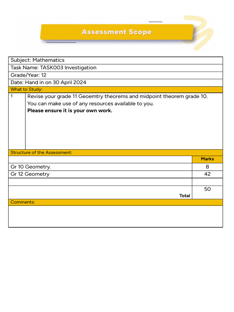 Math GR 12 Task003 Assessment Scope | PDF