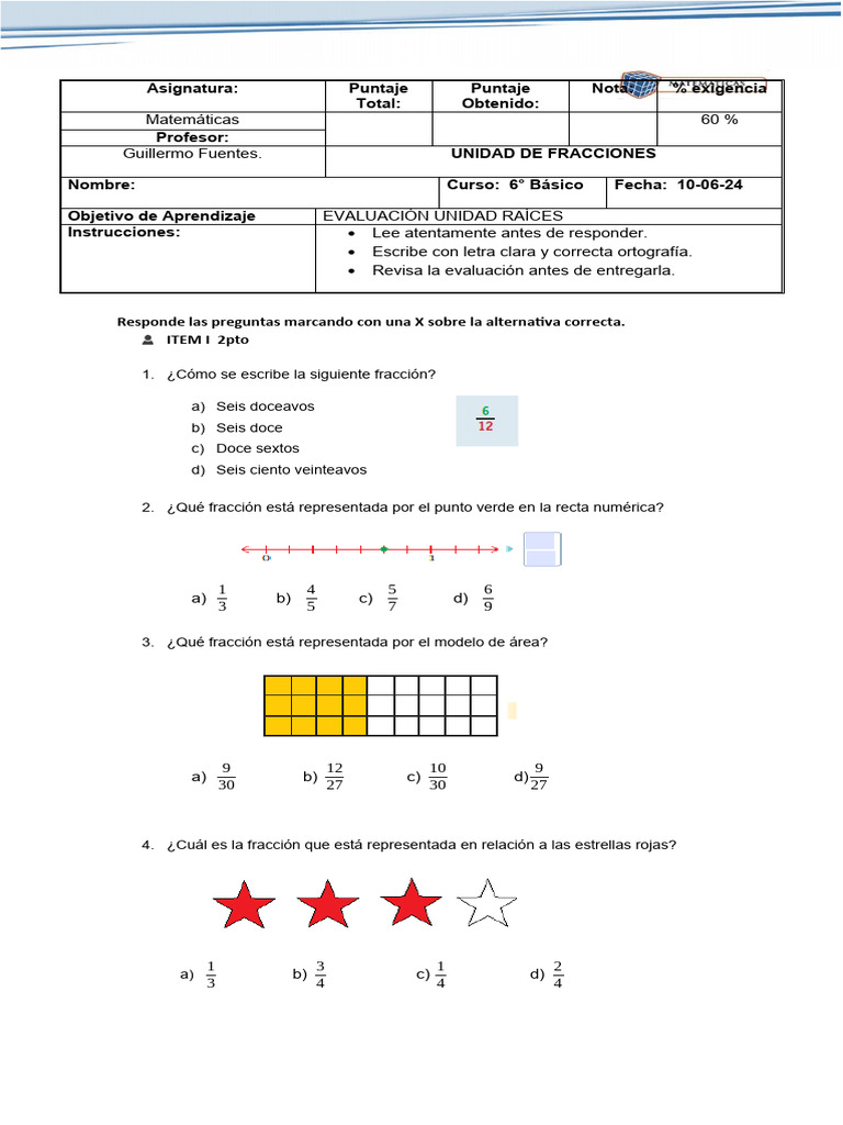 Evaluación de Fracciones 6° Básico | PDF | Métodos y materiales de ...