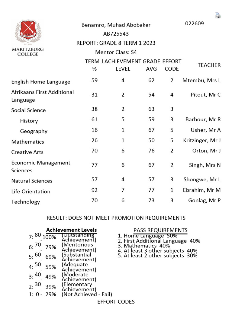 Grade 8 Term 1 Report 2023 Summary | PDF | Science