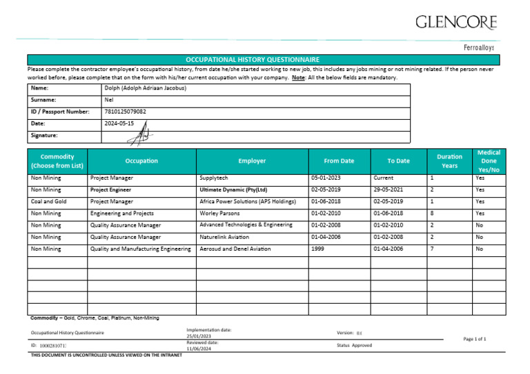 Occupational History Questionnaire Form | PDF | Business
