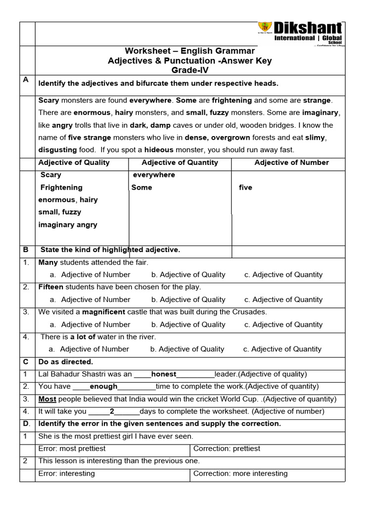 Grade 4 Adjectives Worksheet Guide | PDF | General Fiction