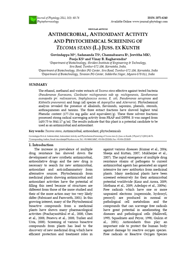 Antimicrobial & Antioxidant Properties of Tecoma stans | PDF ...