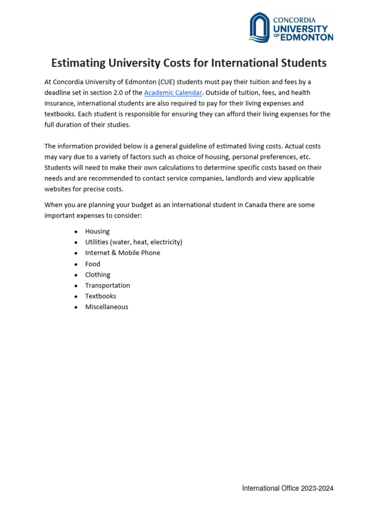 CUE Costs for International Students | PDF | Cost Of Living | Textbook