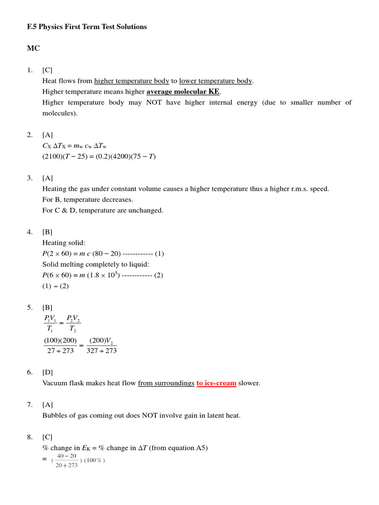 F.5 Physics Test Solutions 2019-2020 | PDF | Gases | Series And ...