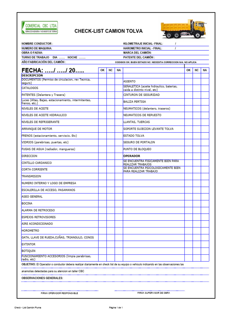 Checklist Diario Camión Pluma | PDF | Camión | Neumático