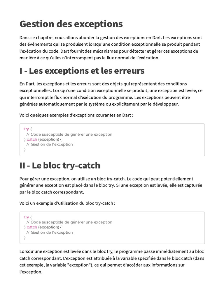 Gestion des exceptions en Dart | PDF | Informatique | Programmation ...