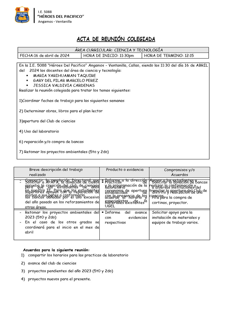 Acta de Reunión Abril | PDF