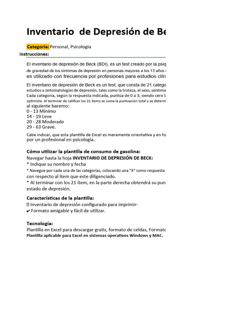 Inventario Depresion de Beck (M.Z.P) | PDF | Depresión (estado de ánimo ...