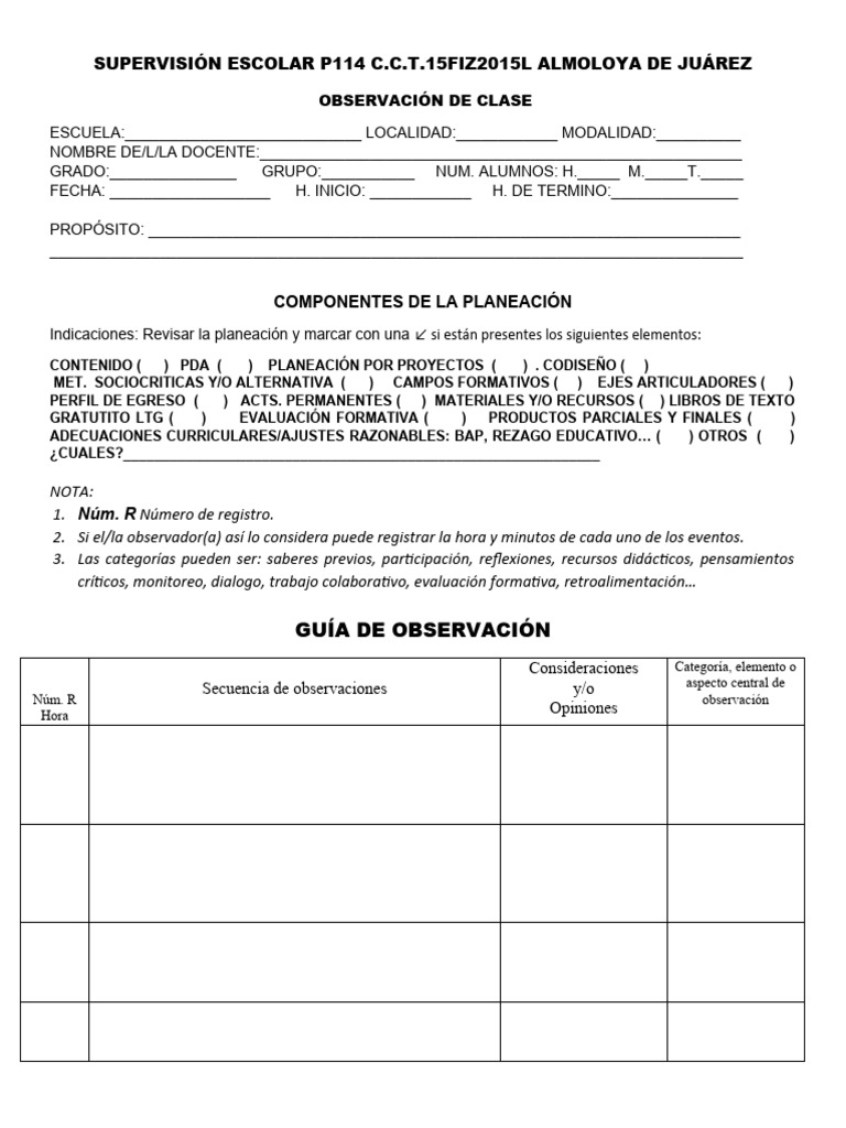 OBS. DE CLASE 2024 FORMATO 2. P114 Descargar gratis PDF Aprendizaje