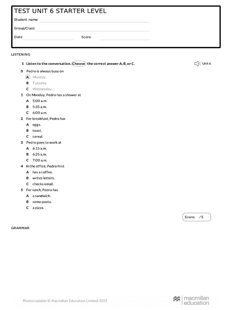 Test Unit 6 Starter Level | PDF