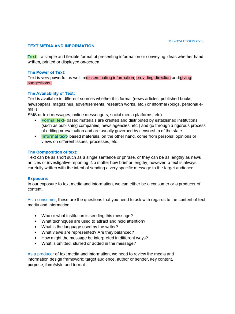 Q2 Text Media and Information 3 6 | PDF | Typefaces | Mass Media