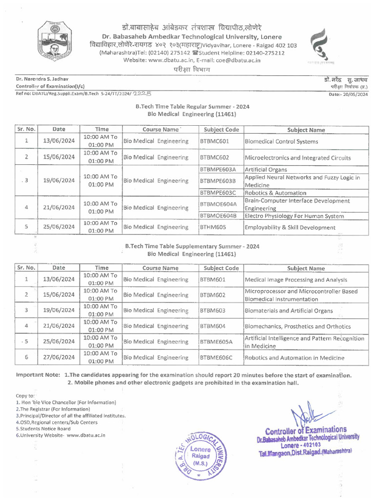 Updated b tech regular and supplementary sem 6 time table 1 pdf