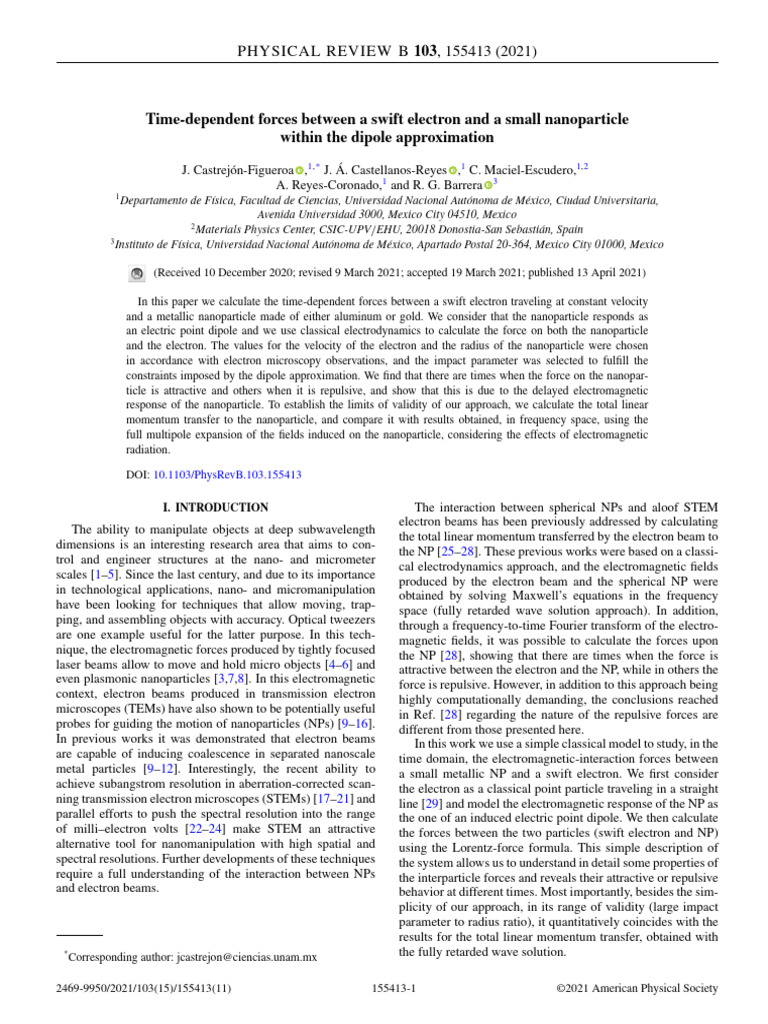 Time dependent forces between a swift electron and a small nanoparticle