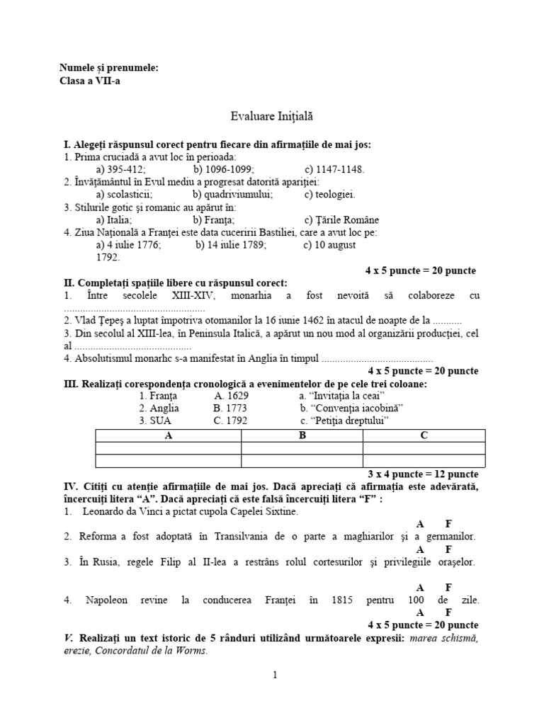 Evaluare Initiala Clasa A VII A | PDF