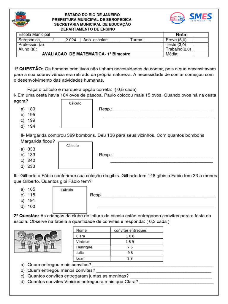 1 Bimestre - 24 Avaliação de Matematica - 4 Ano | PDF