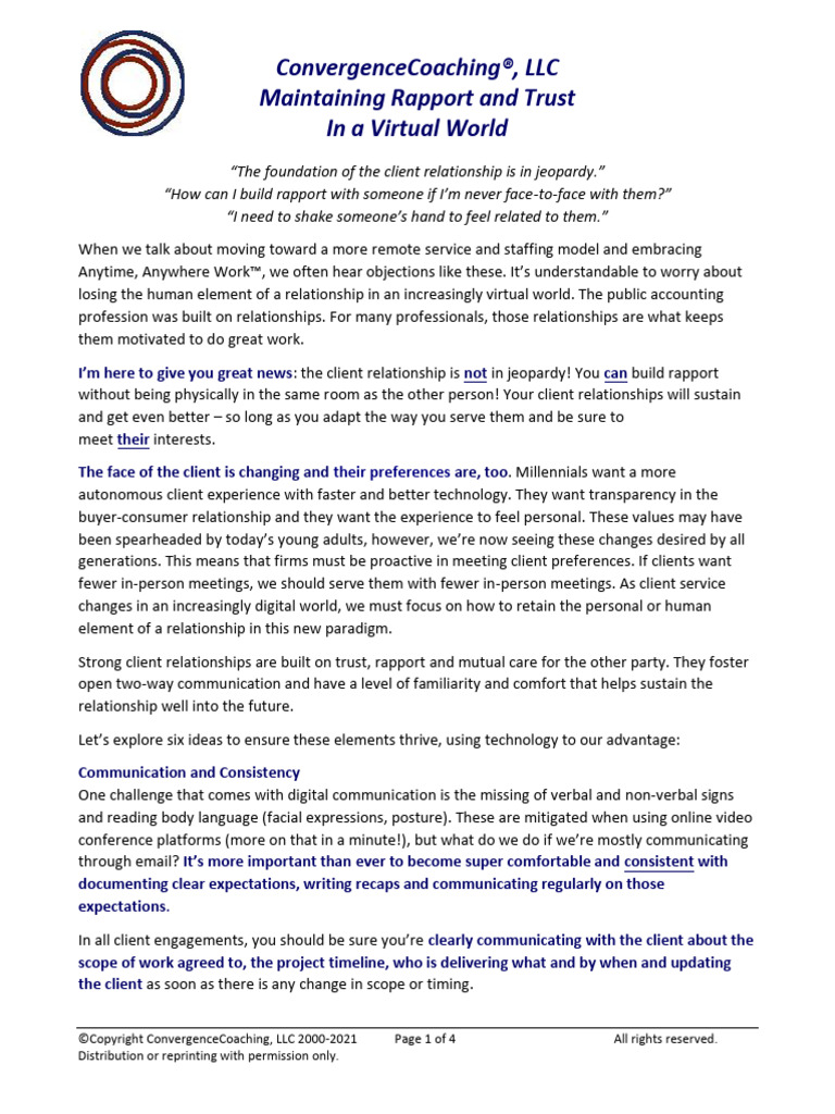 Maintaining Rapport and Trust in A Virtual World Article | PDF | Social ...