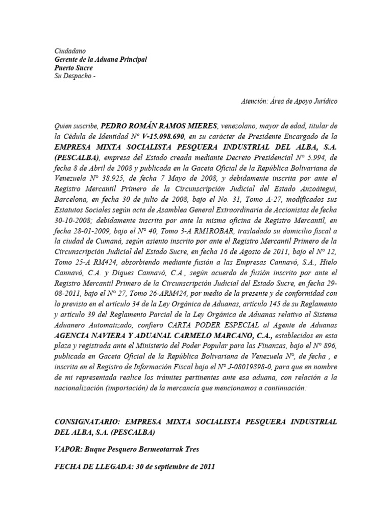 Carta Poder Aduanas Descargar Gratis Pdf Aduana Venezuela