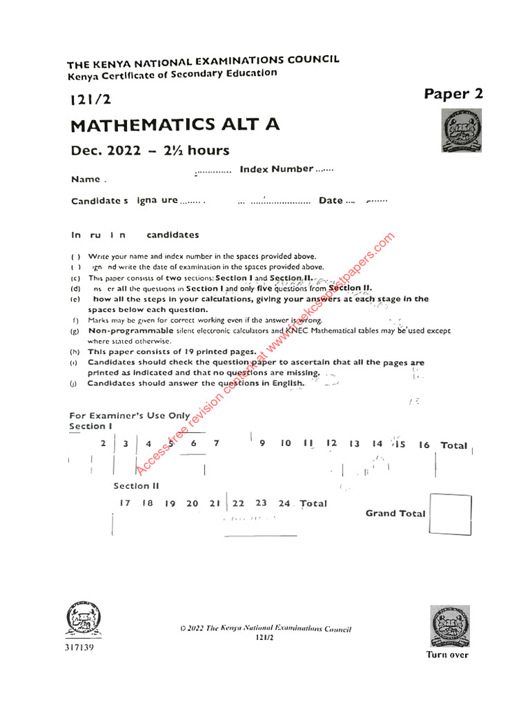 2022KCSEMATHEMATICSALTAPaper2QuestionsandAnswer PDF