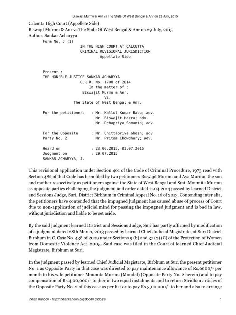 Calcutta High Court Ruling on Maintenance Case | PDF | Judgment (Law ...