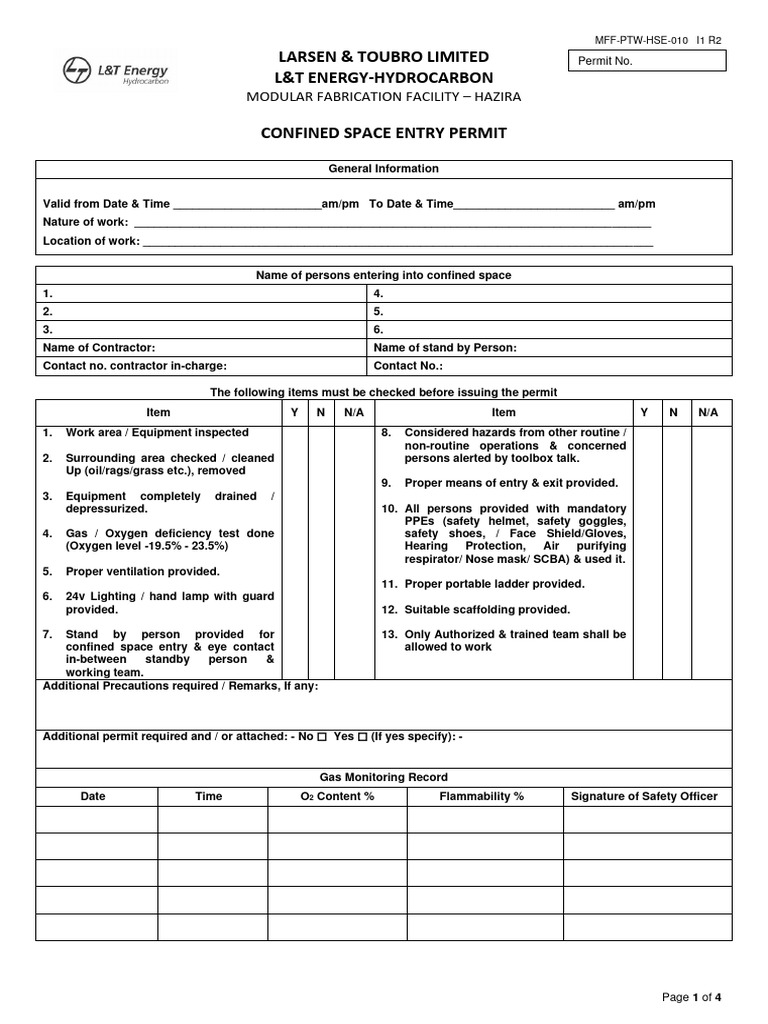 010-Confined Space Entry Permit I1R2 | PDF | Personal Protective ...