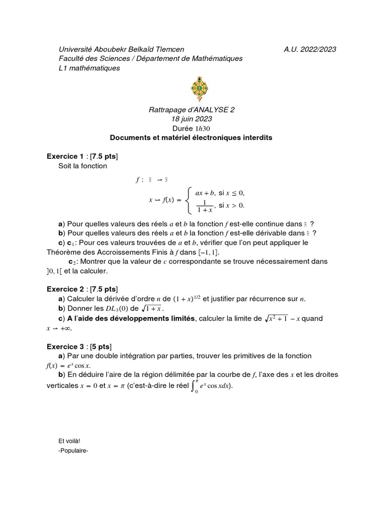 Rattrapage Analyse 2 - L1 Mathématiques | PDF | Fonction (Mathématiques ...