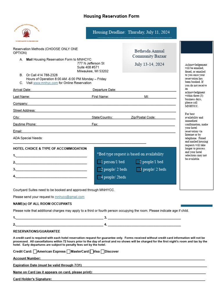 Housing Reservation Form for Bethesda Bazaar | PDF | Credit Card | Mail
