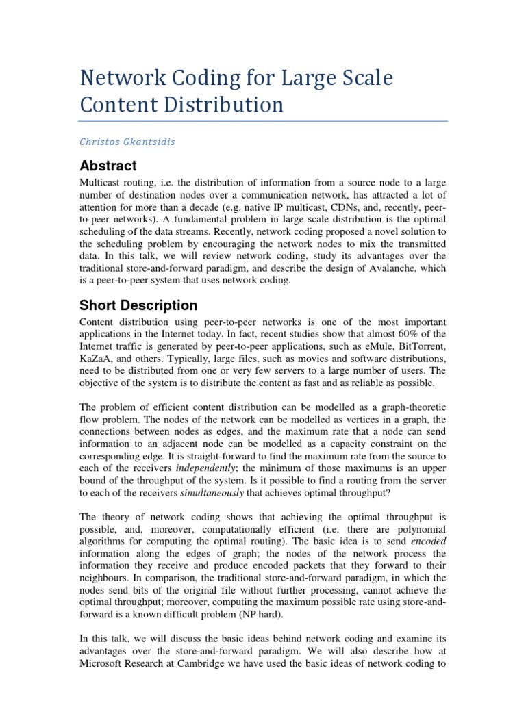 Network Coding for Efficient Content Distribution | PDF | Peer To Peer ...