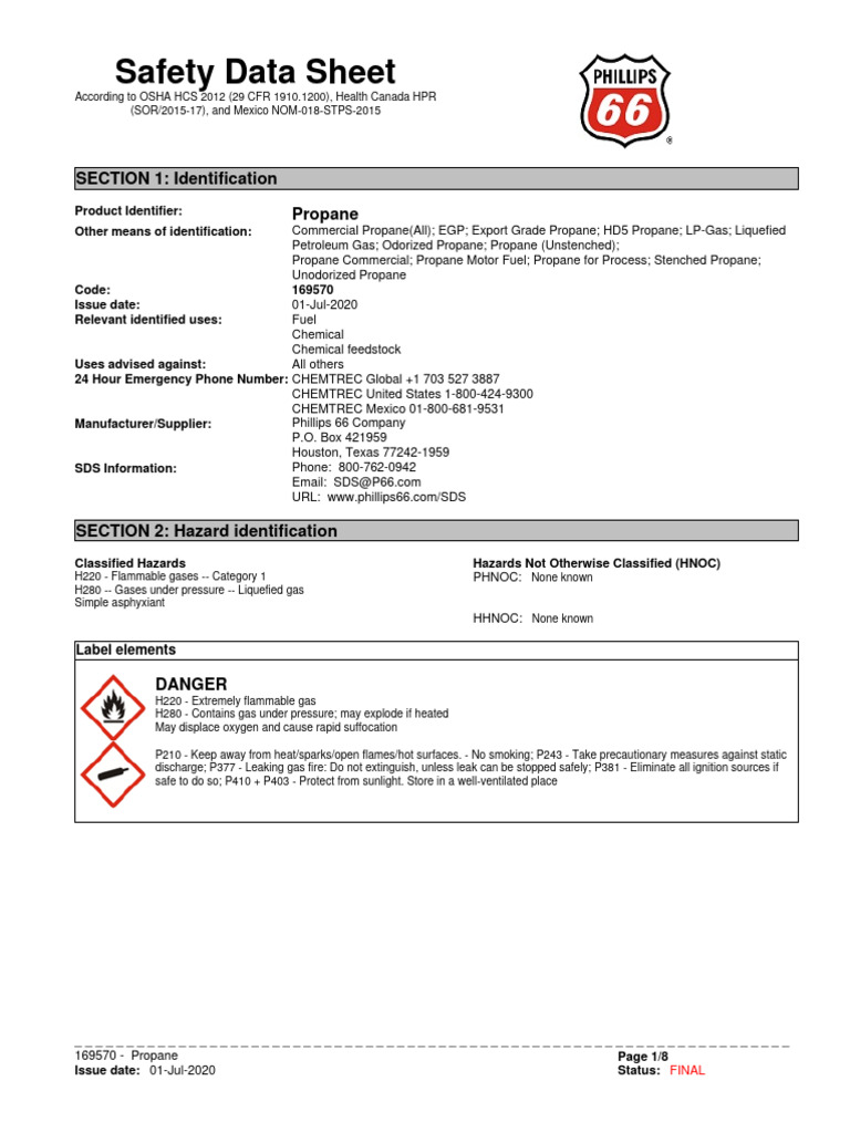 Propane Safety Data Sheet (SDS) | PDF | Toxicity | Propane