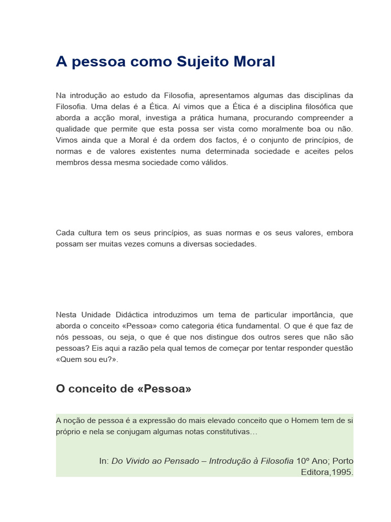 A Pessoa como Sujeito Moral na Filosofia | PDF | Liberdade | Moralidade
