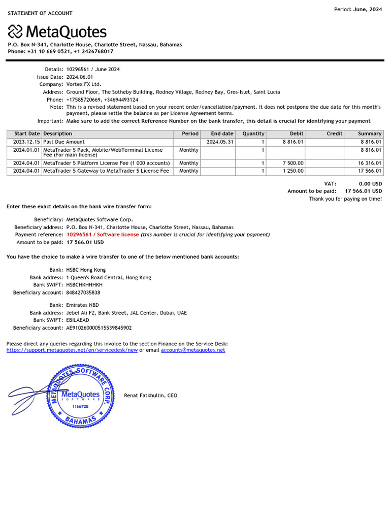 MetaQuotes Account Statement June 2024 | PDF | Banks | Wire Transfer