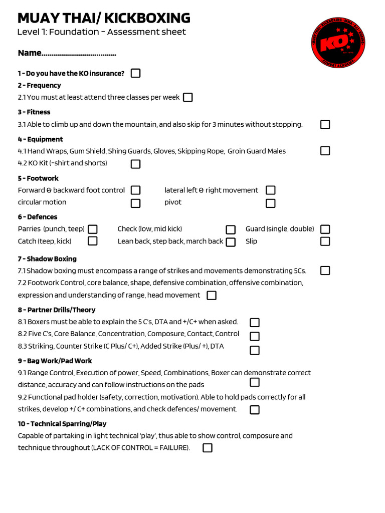 Kickboxing Level 1 Assessment Guide | PDF