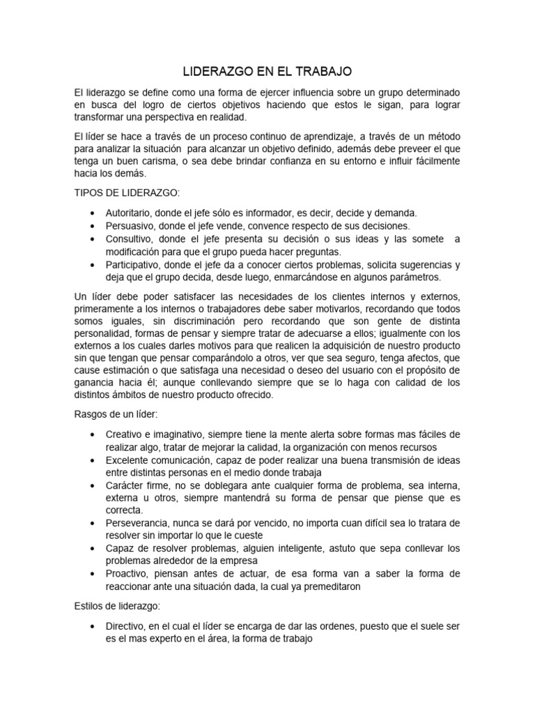 Tipos y Rasgos del Liderazgo Efectivo | PDF | Liderazgo | Ética profesional