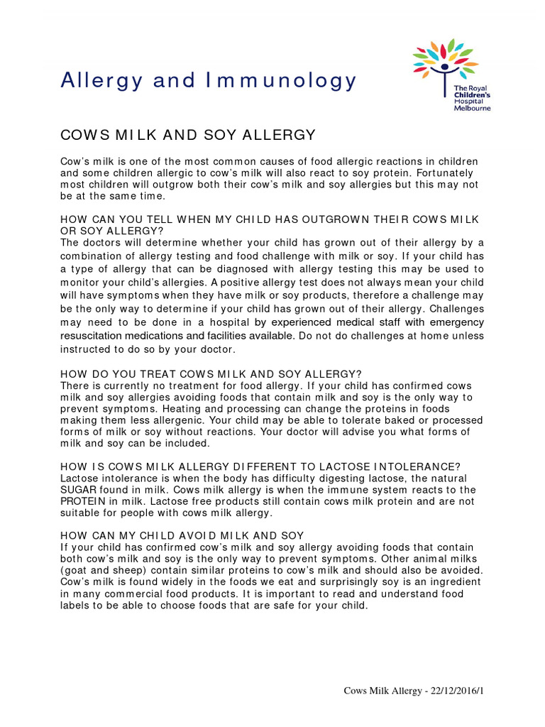 RCH Cows Milk and Soy Allergy PDF Milk Allergy