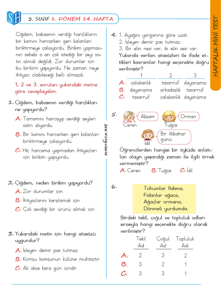 Sinif Mini Test 1 Donem 14 Hafta 1 Pdf