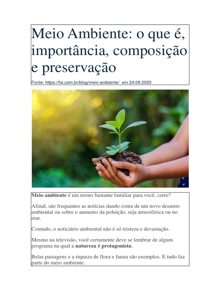 Meio Ambiente O Que É, Importancia, Composição e Preservação | PDF ...