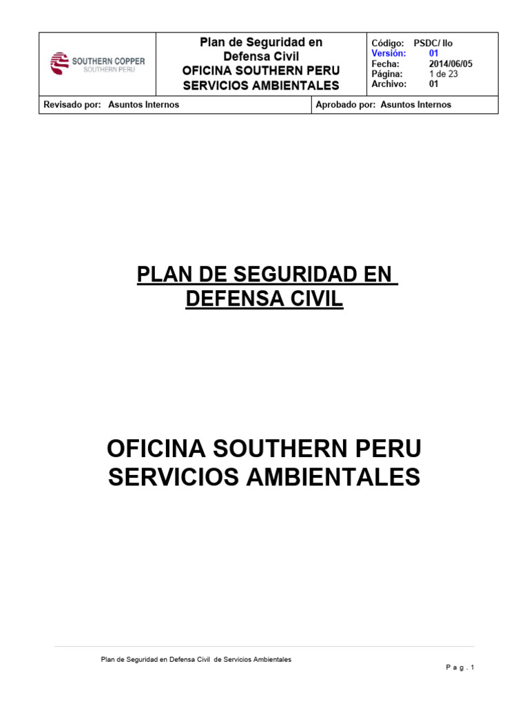 Plan de Seguridad en Defensa Civil Servicios Ambientales | PDF ...