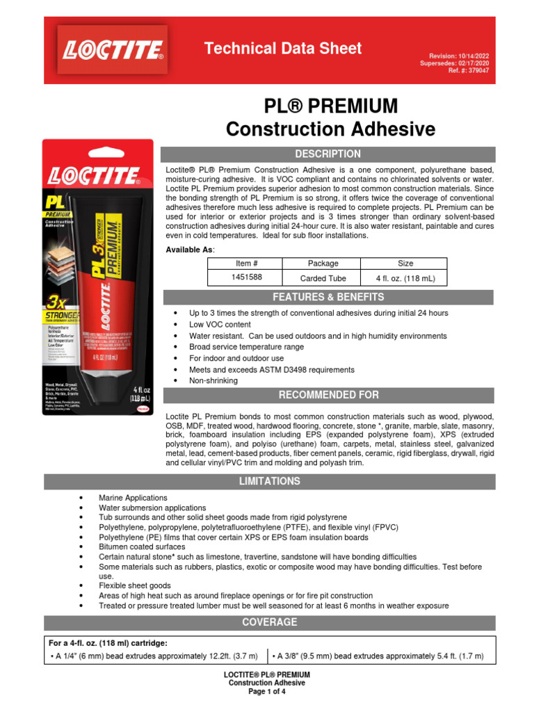 Loctite PL Premium Construction Adhesive 4oz TDS PDF Polystyrene