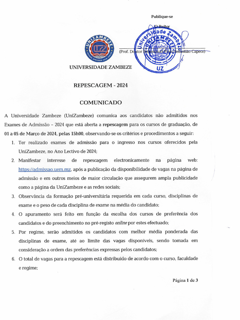 Comunicado - Repescagem 2024 - UniZambeze | PDF