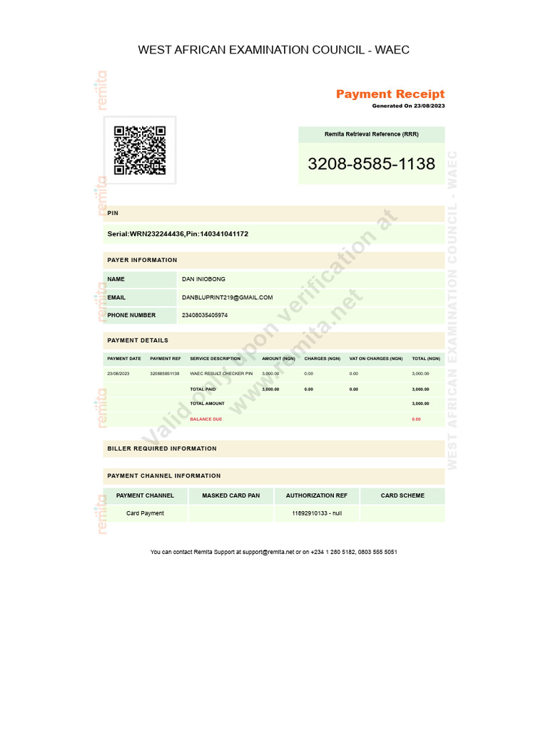 WAEC Payment Receipt Example | PDF | Payments | Services (Economics)