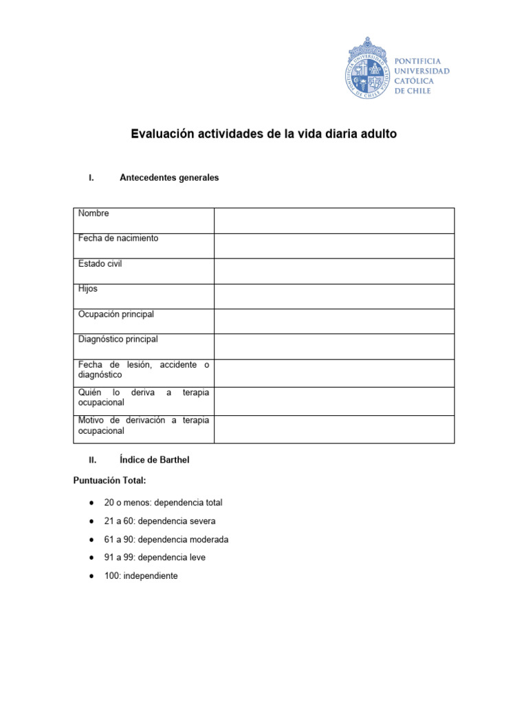 Evaluación Actividades de La Vida Diaria | PDF | Enfermedades y ...