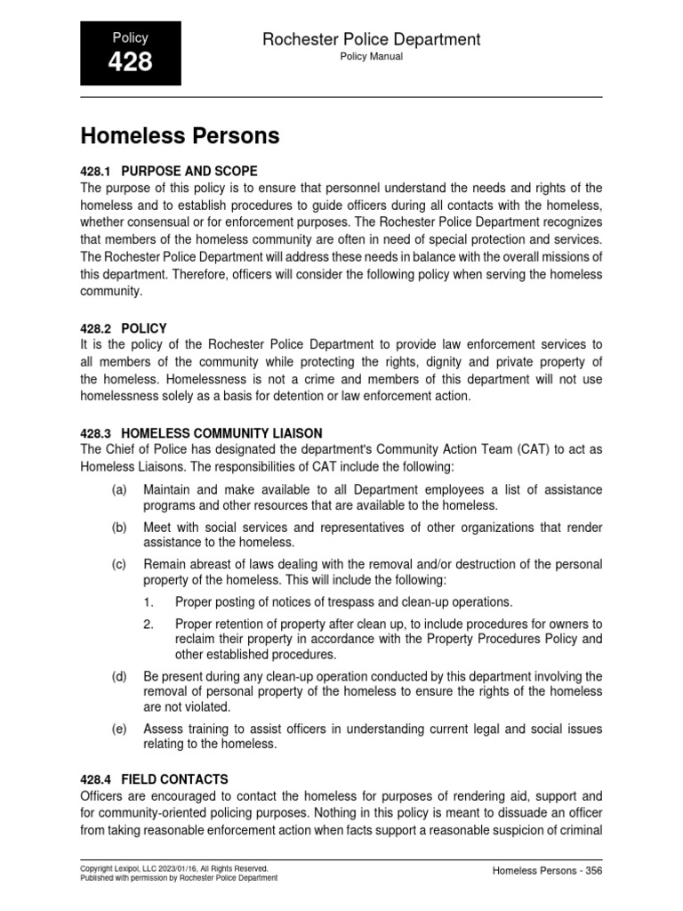 RPD Policy On Homeless Persons | PDF | Homelessness | Police