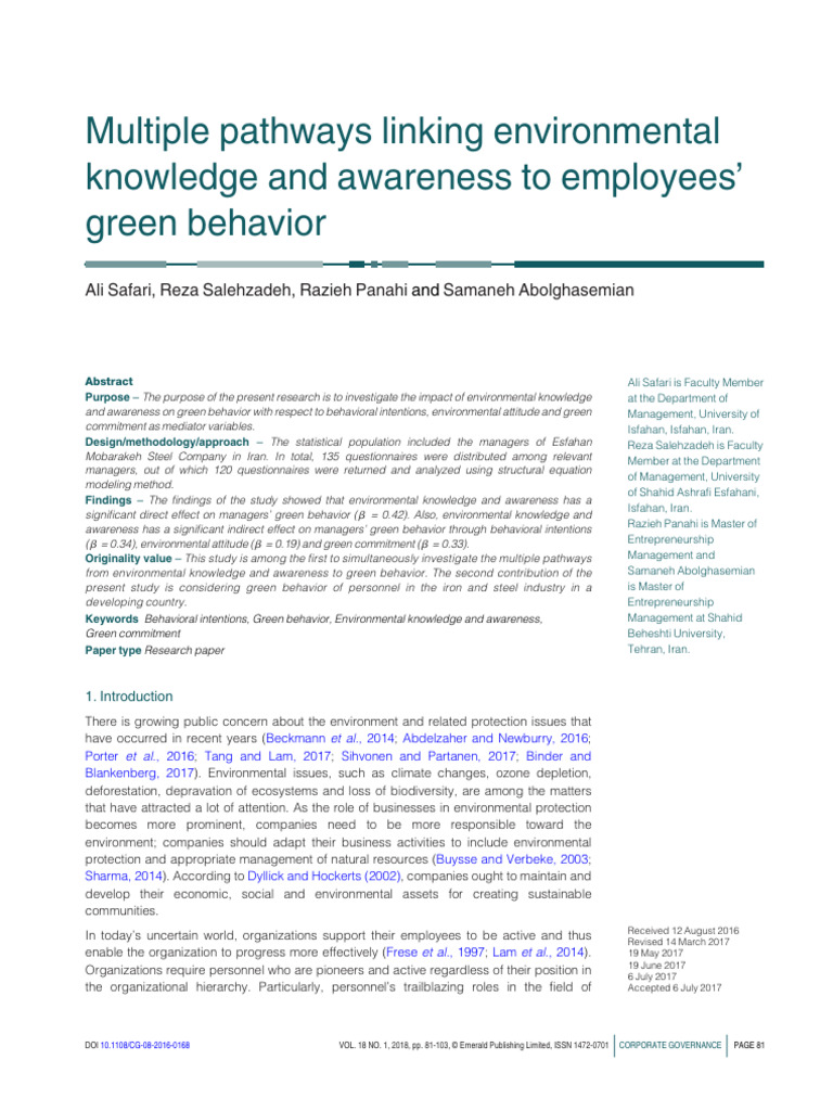 Pathways from Environmental Knowledge to Green Behavior | PDF | Survey ...