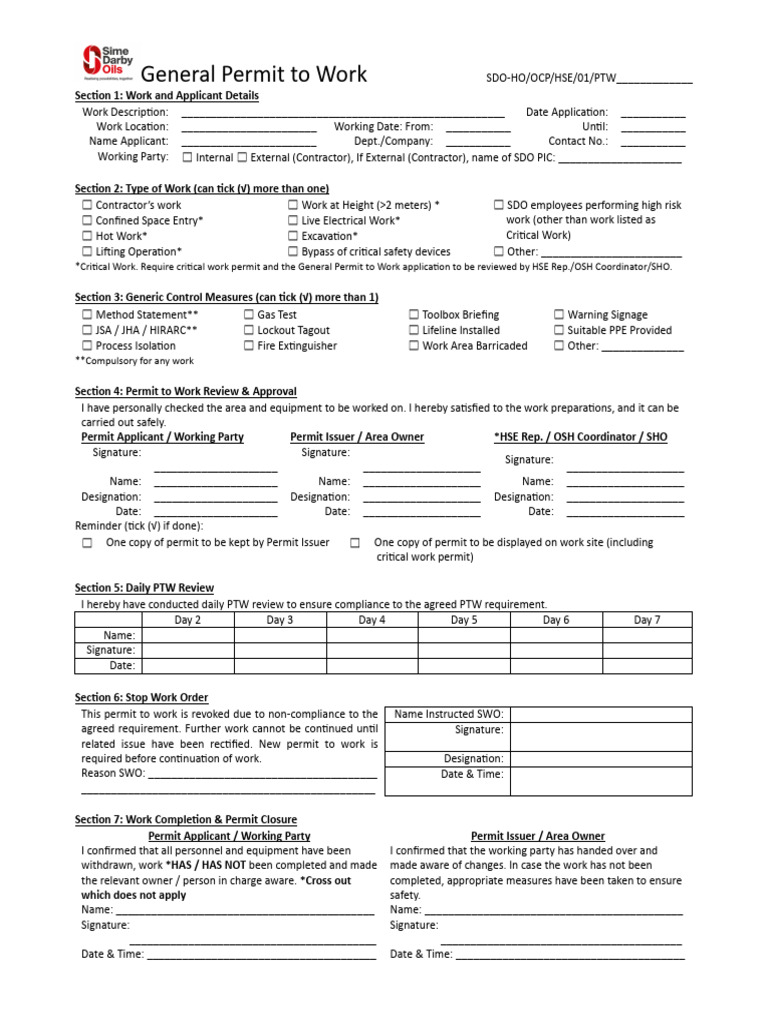 General Permit to Work Application Form | PDF | Labor Relations ...