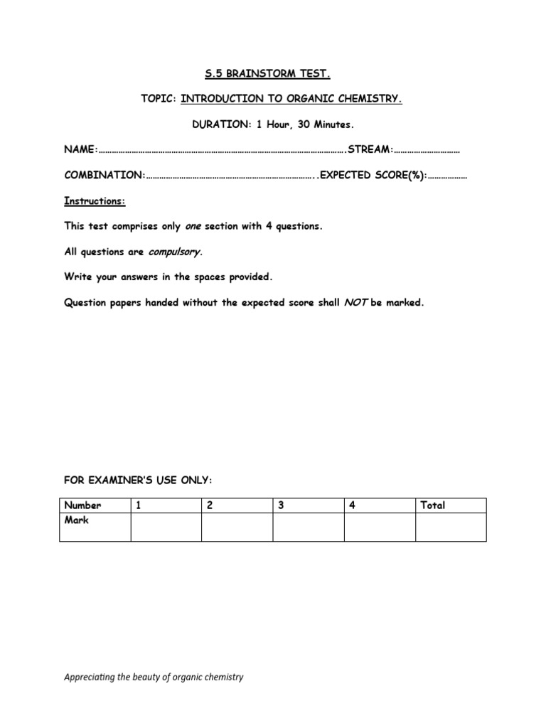 S 5 Organic Chemistry Test One By Doctor Bamutalira 1 Pdf Chemical