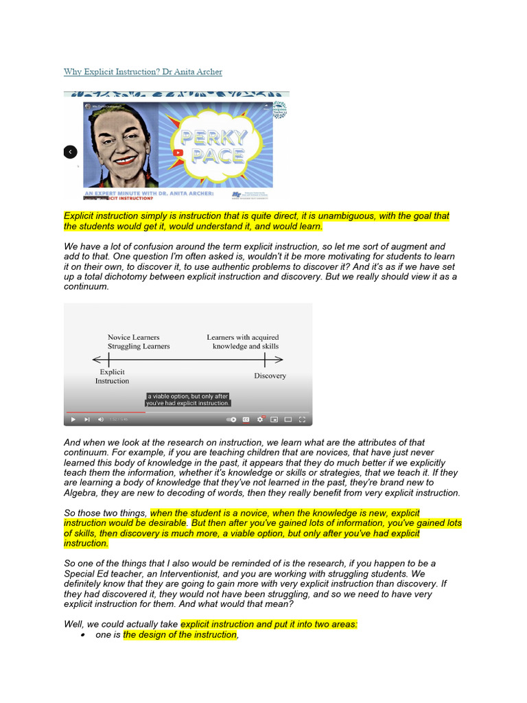 Why Explicit Instruction Dr Anita Archer Notes Pdf Learning