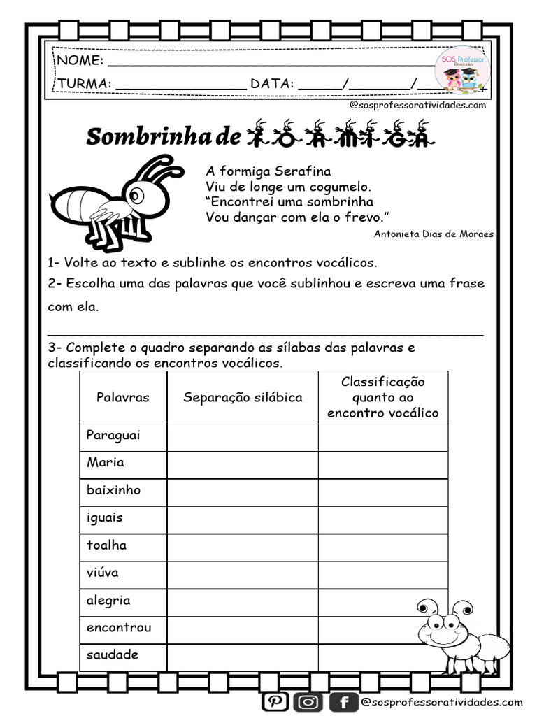 Sombrinha de Formiga@Sosprofessoratividades | PDF | Vogal | Linguística