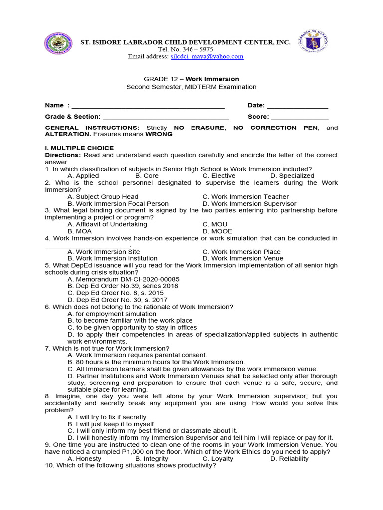 4th Quarter Work Immersion Exam Guide | PDF | Partnership ...