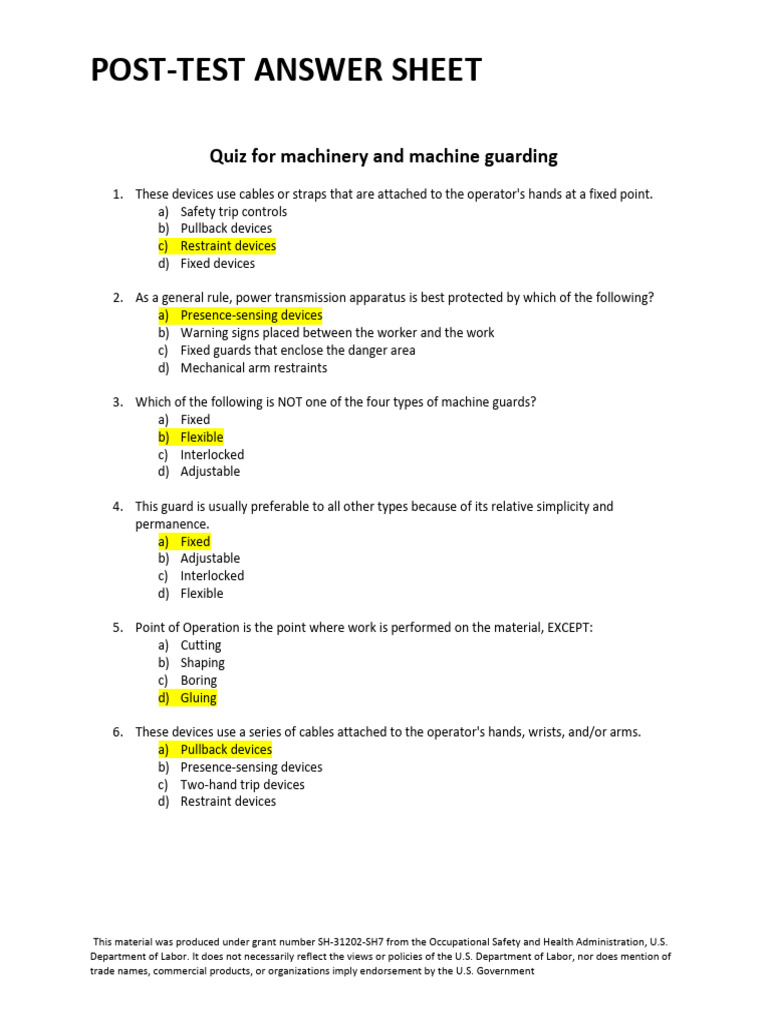 Machinery & Machine Guarding Post Test ANSWERS_0 PDF Machines