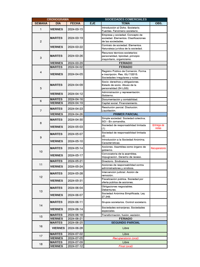 Cronograma de Derecho Societario 2024 | PDF | Negocios económicos ...